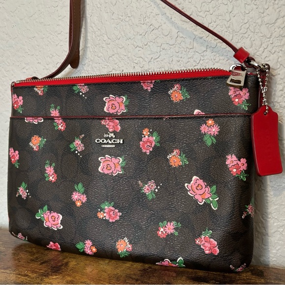 Coach Handbags - Coach Signature Canvas Leather Crossbody East West Pop Brown Floral Red Pink